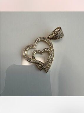 Gold Double Heart Pendant Necklace Charm - Sparkling CZ Accents